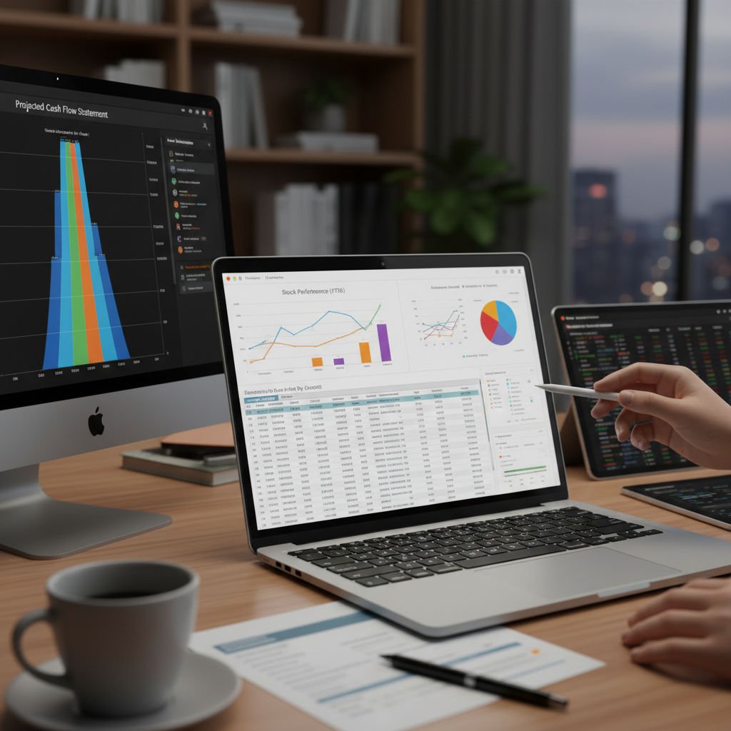 Financial dashboards showing 'Projected Cash Flow Statement' and 'Stock Performance (YTD)' on multiple screens.